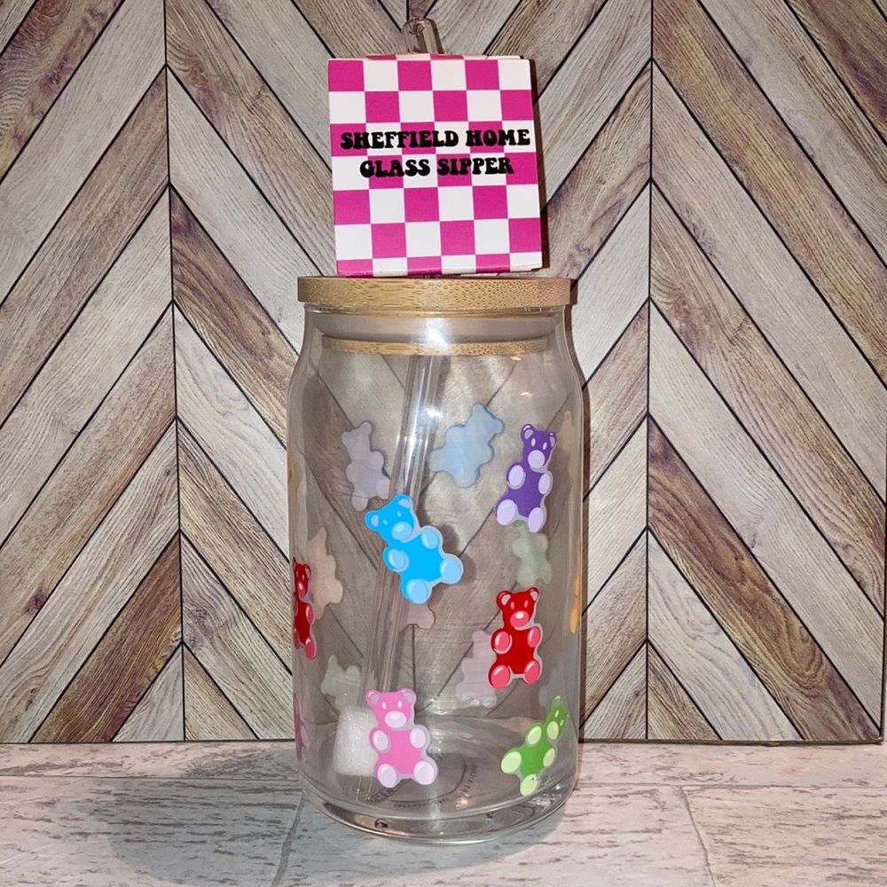 Sheffield Home Gummy Bear Glass Sipper Libbey Beer Can Coffee Glass Bamboo Lid